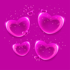 Glossy hearts floating. Suspended in space. Soft glow and sparkling effects. Romantic theme. Background pink. Stock Vector illustration.