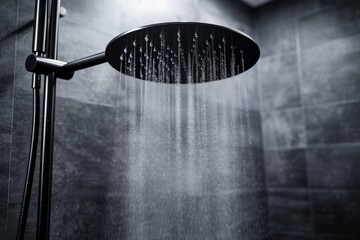 A monochrome oasis of indoor rain, the shower head's gentle flow soothes the soul against the bathroom wall