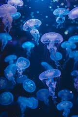 blue jellyfish swimming underwater dark baground pattern