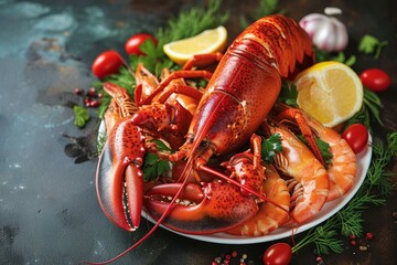 A bountiful seafood feast, with succulent lobster and shrimp accompanied by tangy lemon and a variety of fresh produce, set against a vibrant indoor setting reminiscent of a lively cajun crab boil