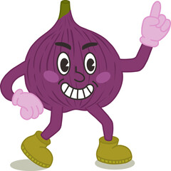 Funny fig fruit, hand-drawn, in a trendy retro style of the 60s and 70s. A walking vintage mascot. A vector illustration drawn by hand. Happy emotions, an insidious grin. A cute kawaii mascot.
