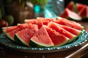 Vibrant and juicy watermelon slices adorn a plate, a refreshing and colorful addition to any indoor spread of natural produce and fruits