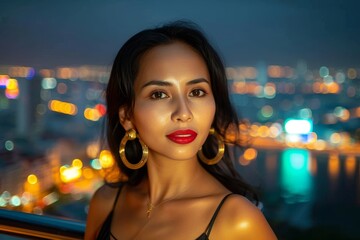 Under the city lights, a fashionable lady with bold red lips poses for a portrait, capturing the essence of nighttime glamour in an outdoor photo shoot