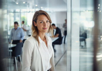 Young confident female entrepreneur posing smiling at camera in her white office.