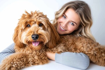 A girl strikes a playful pose with her beloved poodle crossbreed, a brown terrier and labradoodle mix, as they cuddle indoors