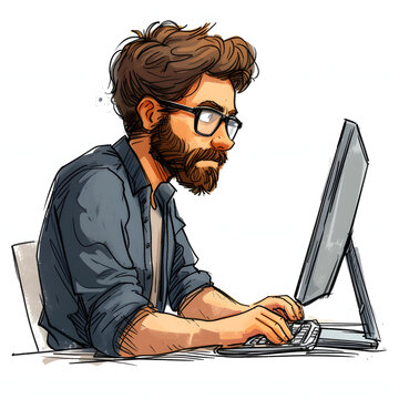 Cybersecurity expert working on a computer isolated on white background, doodle style, png
