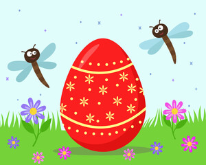 Easter background with Easter egg, dragonflies, clouds, flowers and grass. Spring background. Easter holiday.