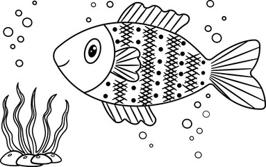 Vector coloring book for kids. The marine world, fish, rocks and algae. Black and white illustration of underwater life, sea creatures, algae and fish.
