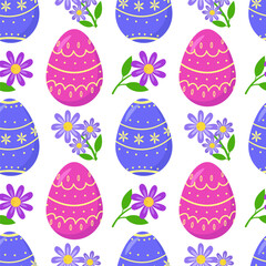 Colorful Easter seamless pattern with Easter eggs and cute flowers, suitable for Easter textiles, wallpaper, background for postcards, invitations. Vector design. Easter eggs and floral pattern.
