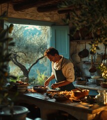 a chef preparing outdoors food in mediterranean environment