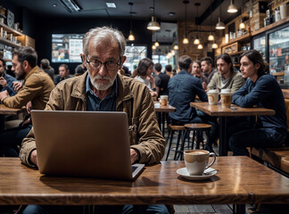 Old Man sitting at a table with a laptop and a cup of coffee. She is focused on her work. There are other people in the background, engaged in their own activities.