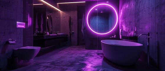 minimalist bathroom, circular violett glowing neon violett portal