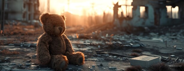kids teddy bear over city burned destruction of an aftermath war conflict