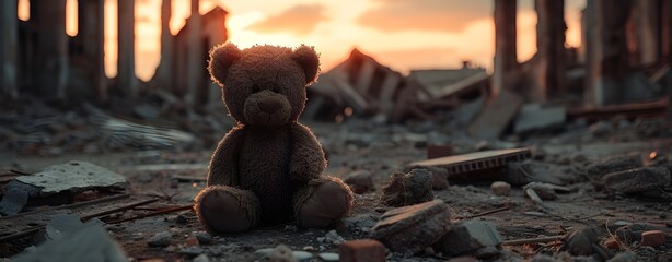 kids teddy bear over city burned destruction of an aftermath war conflict - obrazy, fototapety, plakaty