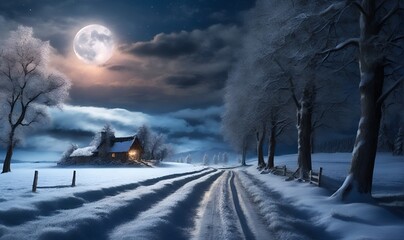 winter landscape, night sky, road going far away, roadside cottage