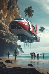 huge red and white rescue starship lands on a beautiful beach