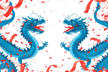 Vector double chinese dragon with confetti white background