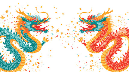 Vector double chinese dragon with confetti white background