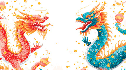 Fototapeta premium Vector double chinese dragon with confetti white background