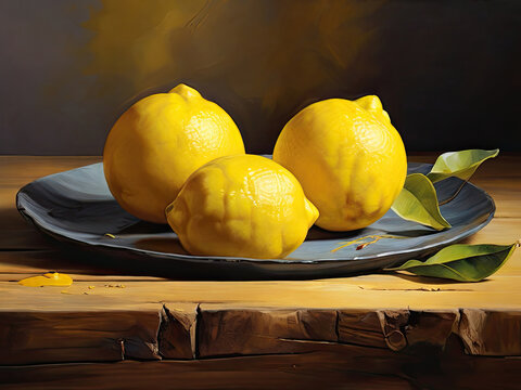 Yellow lemons oil painting. Lemon fruits on the wooden table background.