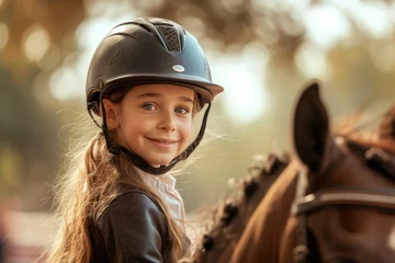 Outdoor kussens Equitation lesson. Happy child girl while riding a horse © piai