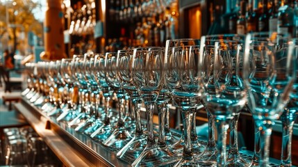Row of Wine Glasses on Bar Counter
