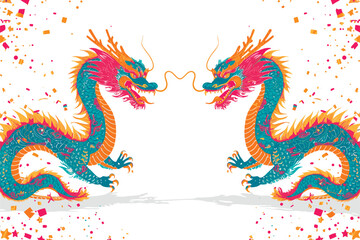 Obraz premium Vector double chinese dragon with confetti white background