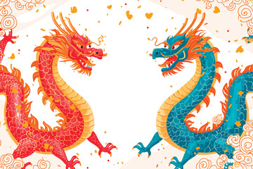 Vector double chinese dragon with confetti white background