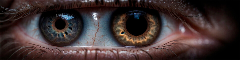 Surreal image of an eye with two pupils in panoramic view - obrazy, fototapety, plakaty