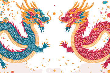 Vector double chinese dragon with confetti white background