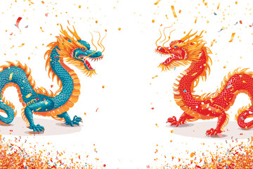 Fototapeta premium Vector double chinese dragon with confetti white background