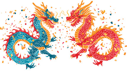 Fototapeta premium Vector double chinese dragon with confetti white background