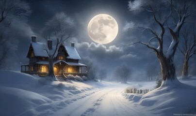 winter landscape, night sky, road going far away, roadside cottage