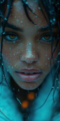 A young beautiful cyberpunk equipped woman with freckles