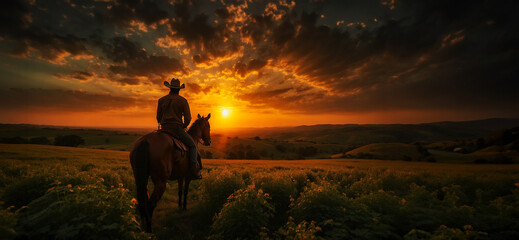 A cowboy riding on the back of a horse on top of a lush green field under a bright orange and yellow sky in the distance is the sun shining through the clouds. - obrazy, fototapety, plakaty