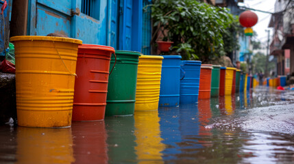 Colorful Buckets Lined Up on a Flooded Alley Street