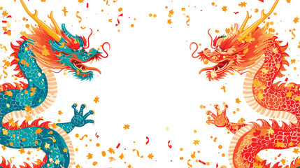 Vector double chinese dragon with confetti white background