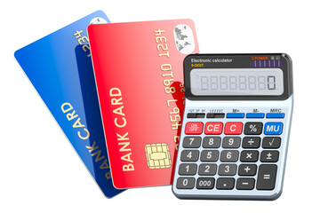 Credit bank cards with calculator, 3D rendering isolated on transparent background