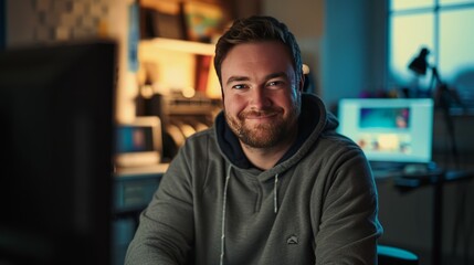 Fototapeta premium handsome man cutting YouTube videos, smiling slightly, YouTuber