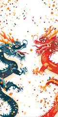 Vector double chinese dragon with confetti white background