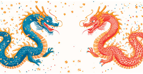 Fototapeta premium Vector double chinese dragon with confetti white background