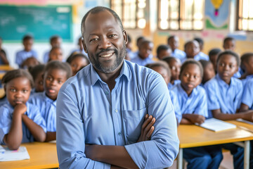 Portrait of an African elementary school teacher , looking at camera with a smile and arms crossed in a classroom full of uniformed students behind him. Kindergarten education concept in Africa