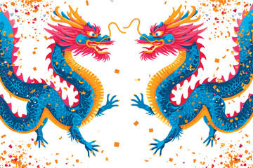 Vector double chinese dragon with confetti white background