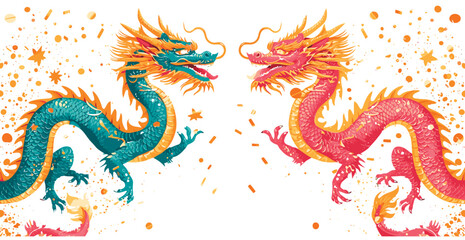 Obraz premium Vector double chinese dragon with confetti white background