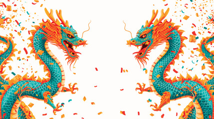 Vector double chinese dragon with confetti white background