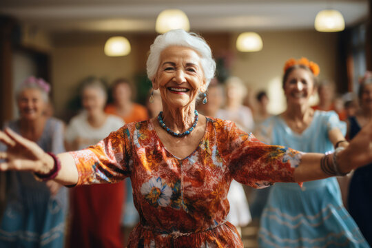 A joyful dance class unfolds, with seniors gracefully moving to the rhythm, exemplifying the vitality and joy that dance can bring to the lives. Generative Ai.