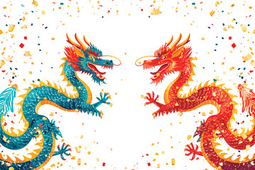 Vector double chinese dragon with confetti white background