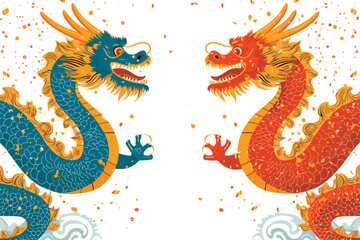 Vector double chinese dragon with confetti white background