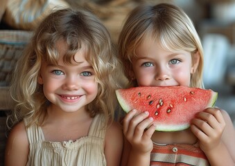 Twoo blonde  little american girls smiles eating a piece of watermelon in summer