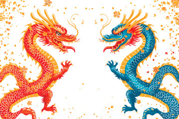 Obraz premium Vector double chinese dragon with confetti white background